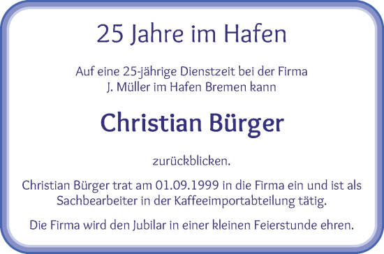 Glückwunschanzeige von Christian Bürger von WESER-KURIER