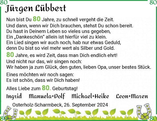 Glückwunschanzeige von Jürgen Lübbert von Osterholzer Kreisblatt