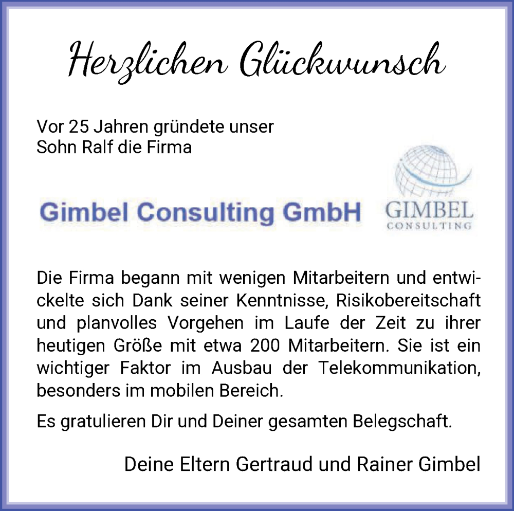 Anzeige für Ralf Gimbel vom 20.10.2025 aus Wuemme Zeitung