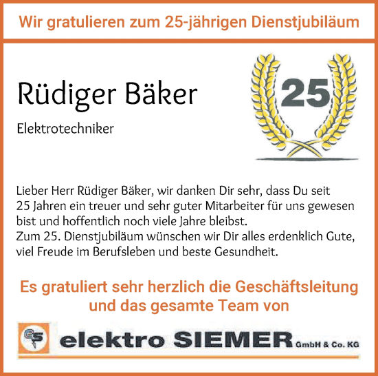 Glückwunschanzeige von Rüdiger Bäker von WESER-KURIER