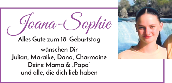 Glückwunschanzeige von Joana-Sopie Kobza von WESER-KURIER