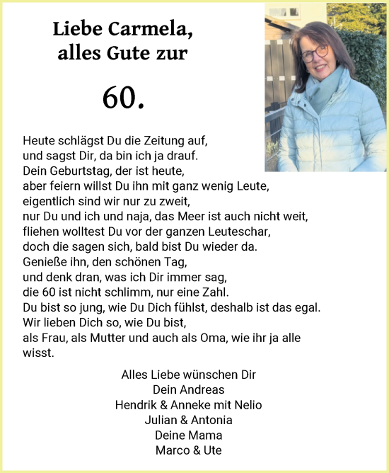 Glückwunschanzeige von Carmela Hausig von Die Norddeutsche