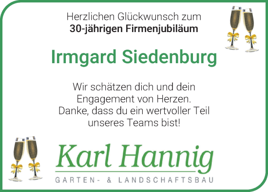 Glückwunschanzeige von Irmgard Siedenburg von Wuemme Zeitung