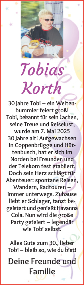 Glückwunschanzeige von Tobias Korth von Wuemme Zeitung