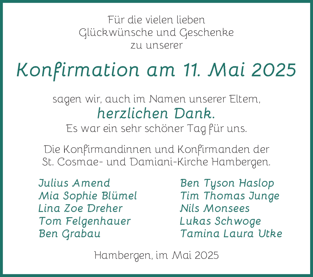 Anzeige für Danksagung Konfirmation vom 24.05.2025 aus Osterholzer Kreisblatt