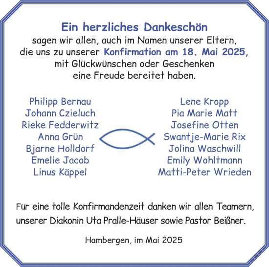 Glückwunschanzeige von Konfimanden Hambergen von Osterholzer Kreisblatt