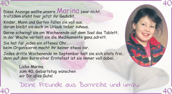 Glückwunschanzeige von Marina  von Osterholzer Kreisblatt