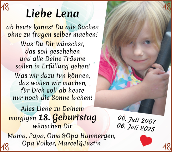 Glückwunschanzeige von Lena Windhorst von Osterholzer Kreisblatt