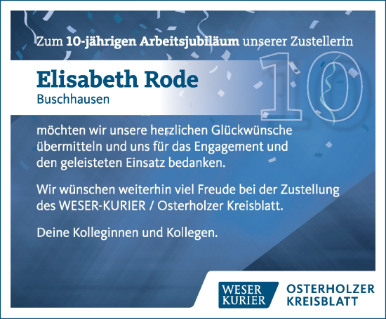 Glückwunschanzeige von Elisabeth Rode von Osterholzer Kreisblatt