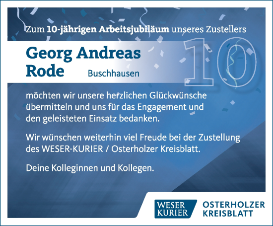 Glückwunschanzeige von Georg Andreas Rode von Osterholzer Kreisblatt