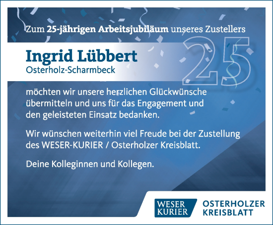 Glückwunschanzeige von Ingrid Lübbert von Osterholzer Kreisblatt