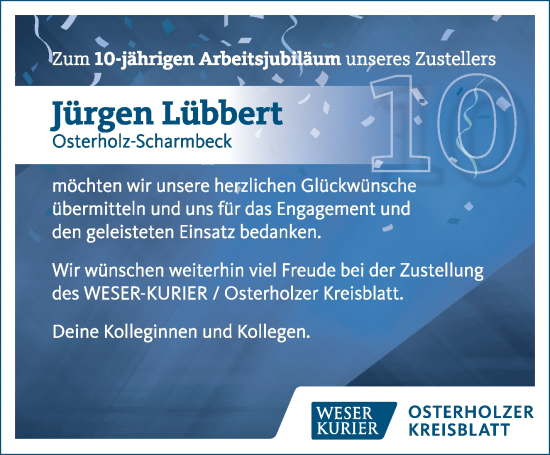 Glückwunschanzeige von Jürgen Lübbert von Osterholzer Kreisblatt