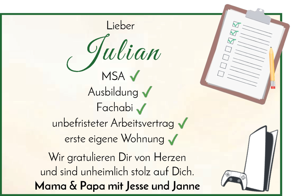 Anzeige für Julian  vom 30.08.2025 aus Wuemme Zeitung