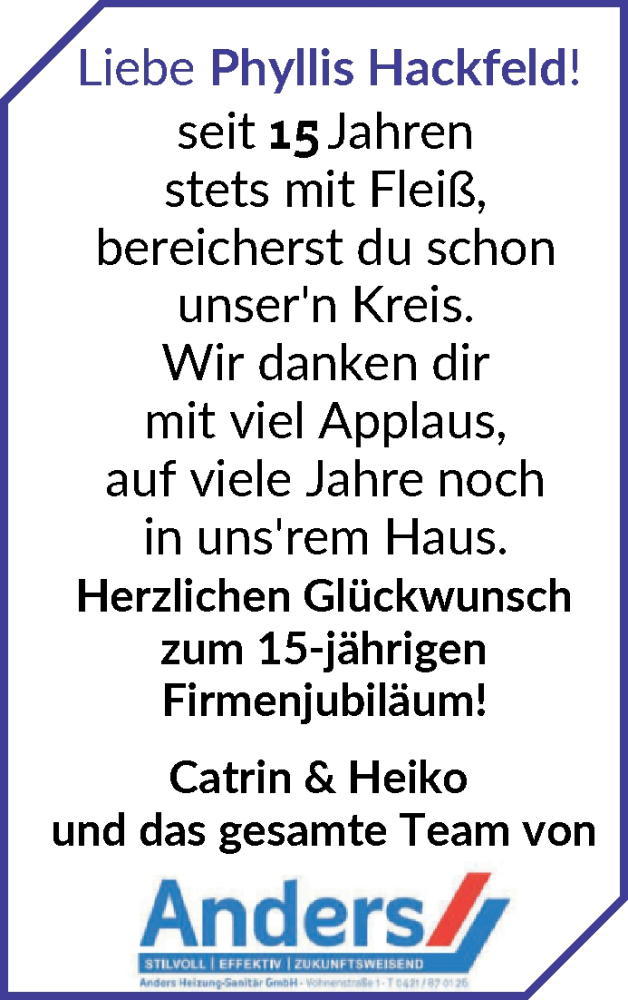 Anzeige für Phyllis Hackfeld vom 01.08.2025 aus WESER-KURIER