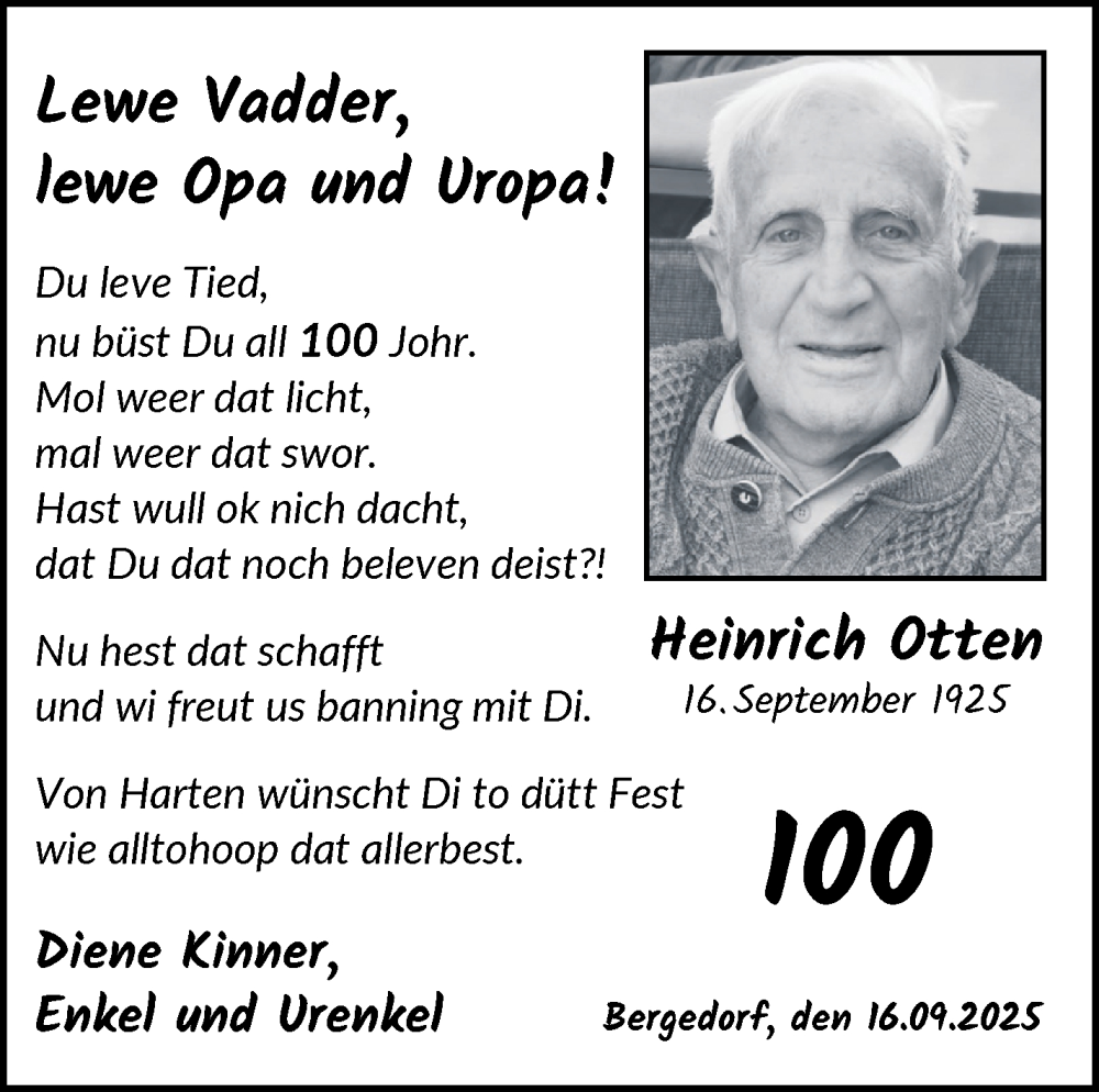 Anzeige für Heinrich Otten vom 16.09.2025 aus Wuemme Zeitung