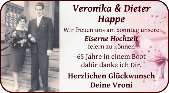 Glückwunschanzeige von Veronika & Dieter Happe von WESER-KURIER