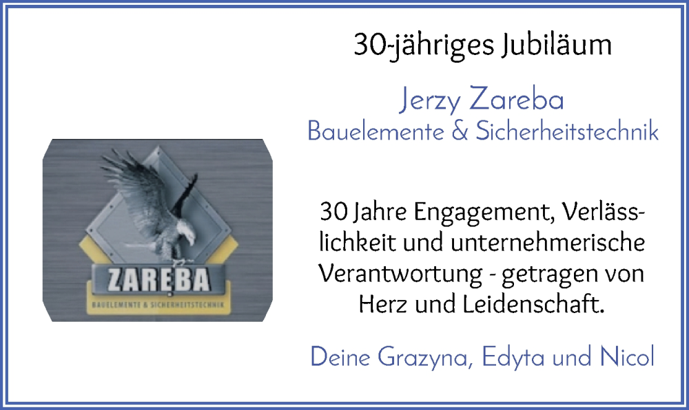 Anzeige für Jerzy Zareba vom 29.01.2026 aus WESER-KURIER
