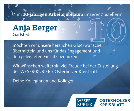 Glückwunschanzeige von Anja Berger von Osterholzer Kreisblatt
