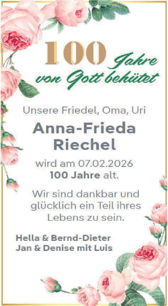 Glückwunschanzeige von Anna-Frieda Riechel von WESER-KURIER