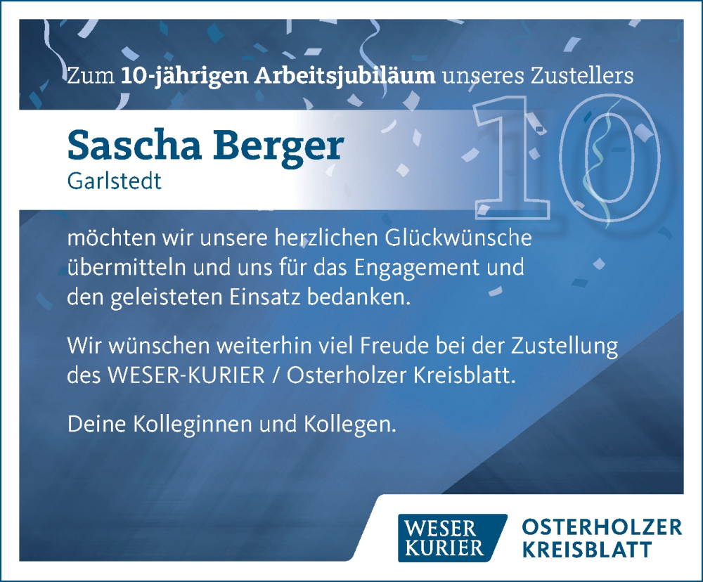 Anzeige für Sascha Berger vom 28.02.2026 aus Osterholzer Kreisblatt