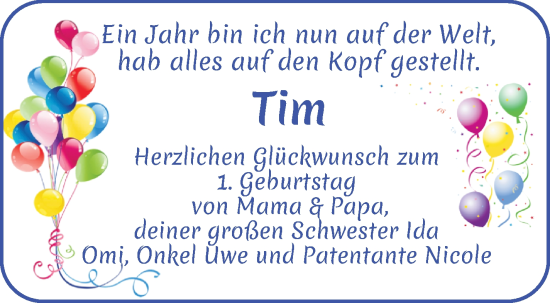 Glückwunschanzeige von Tim Mangold von Wuemme Zeitung